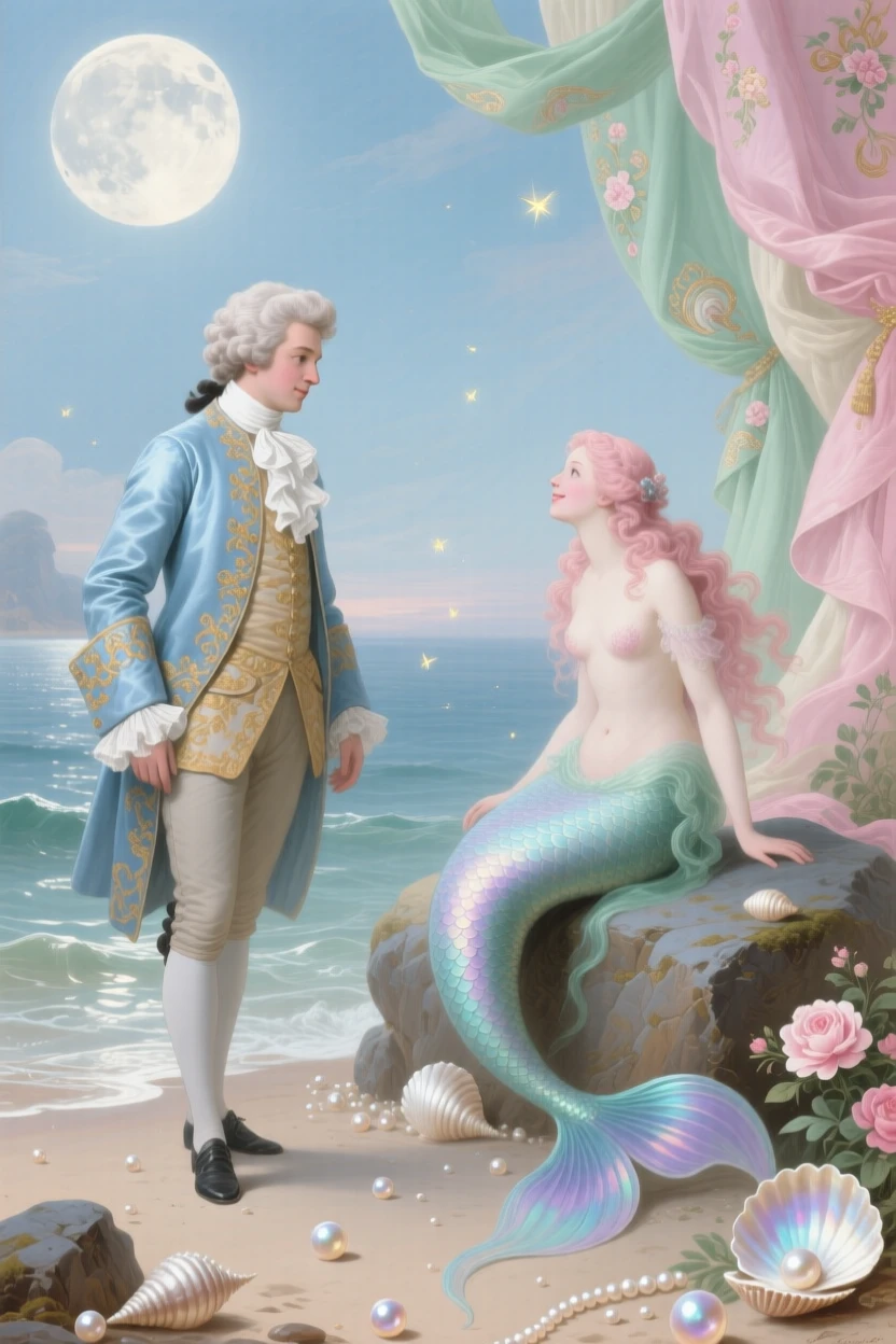A prince meeting a mermaid beside a moonlit shore scattered with pearls  