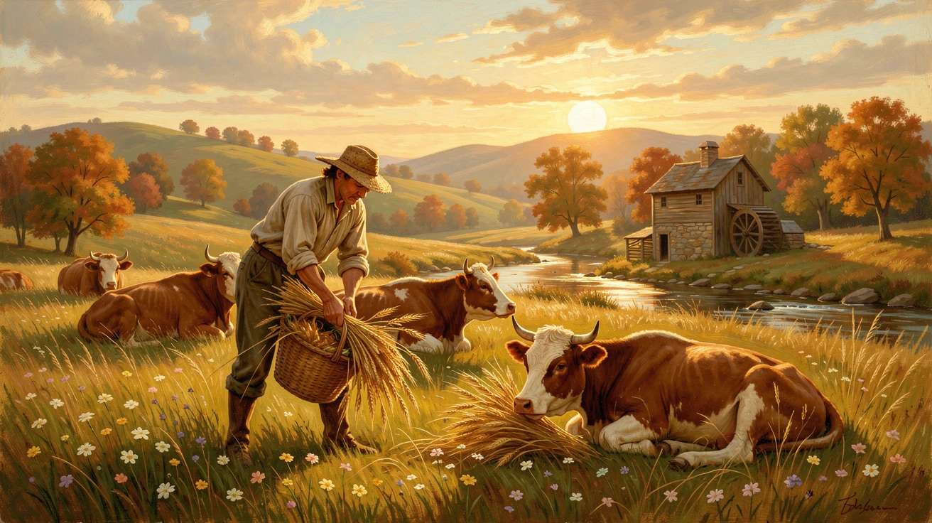 A miller gathers the last of the harvest in a pasture where cows graze lazily beneath the golden light of late afternoon.