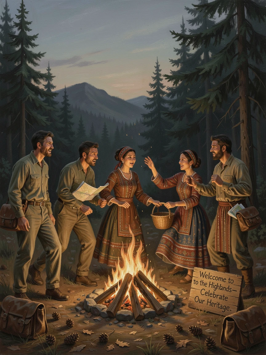 A group of travelers watching a traditional dance performance around a bonfire, with authentic local culture and scenery woven throughout, evoking wanderlust and the irresistible call of adventure