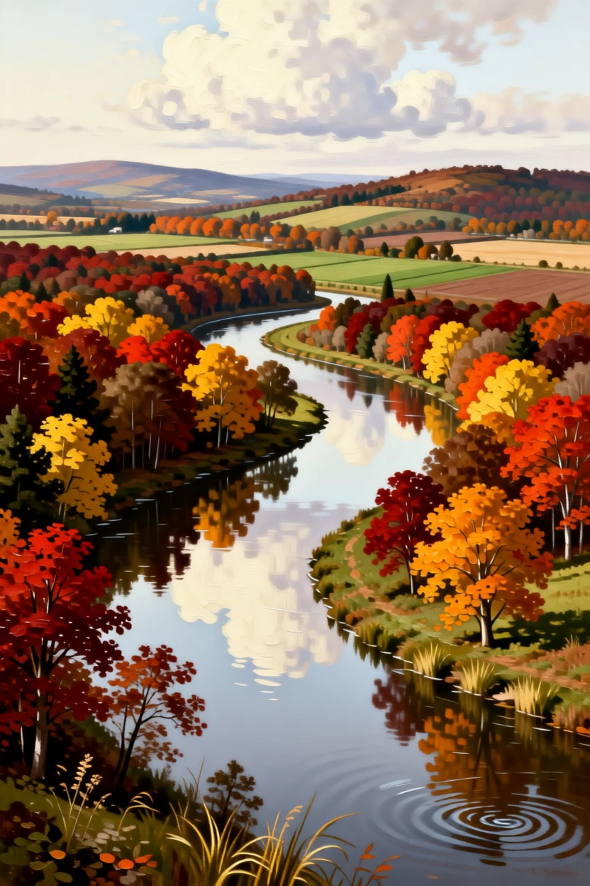 A winding river cutting through autumn forests ablaze with color alive with the quiet motion of wind and water, set at the edge where cultivated land meets wild nature, with clouds mirrored perfectly in still, glassy water; layered depth separates near, middle, and far distance beautifully, filled with calm, restorative beauty.