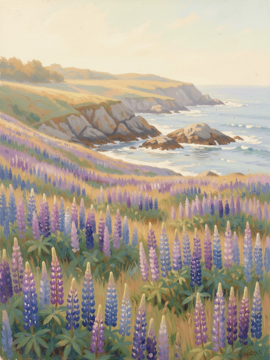 A field of lupines in shades of purple and blue rolling down toward a rocky New England coastline, evoking timeless charm and quiet elegance.