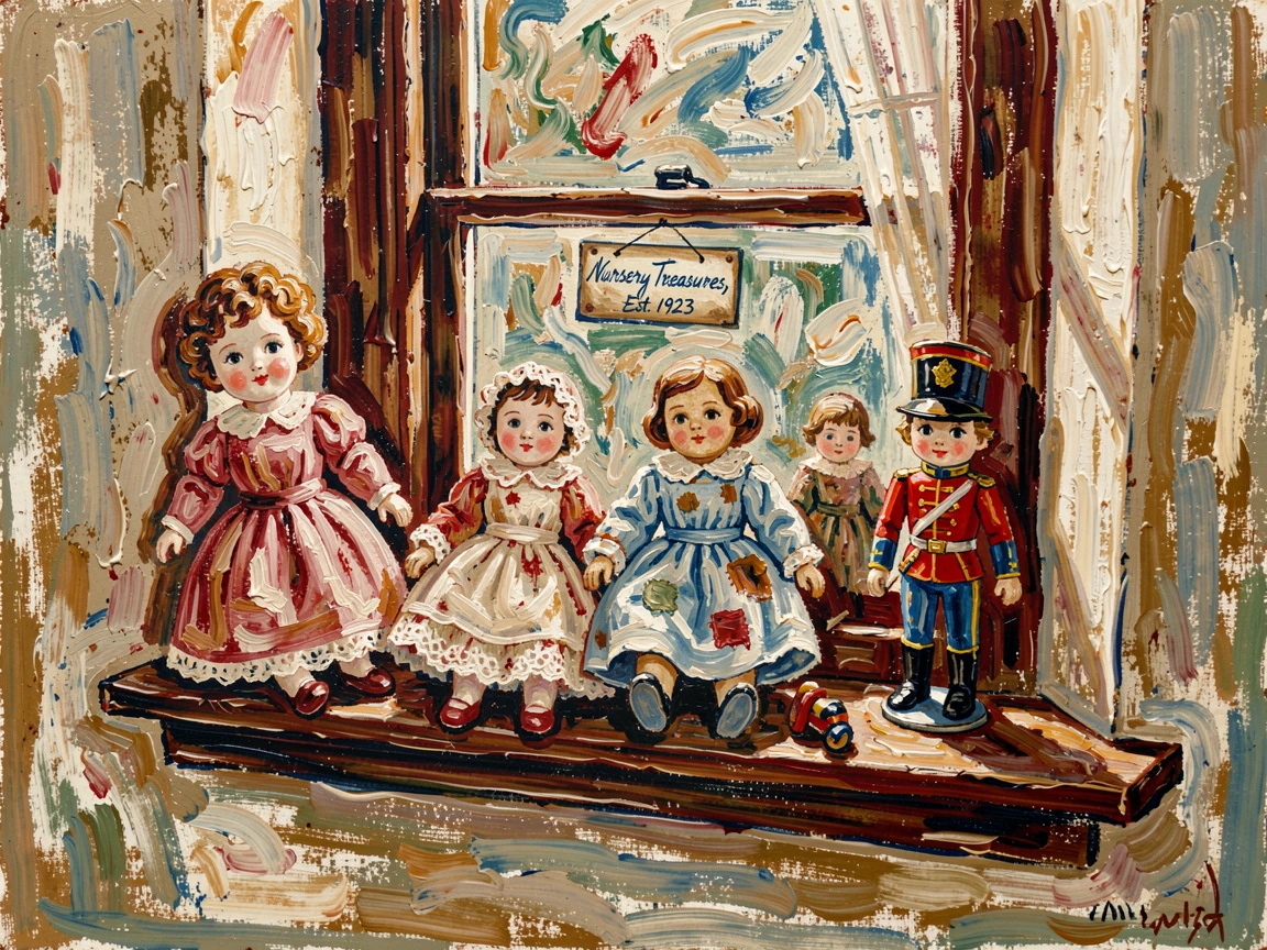 A collection of antique dolls and toys arranged on a nursery windowsill.