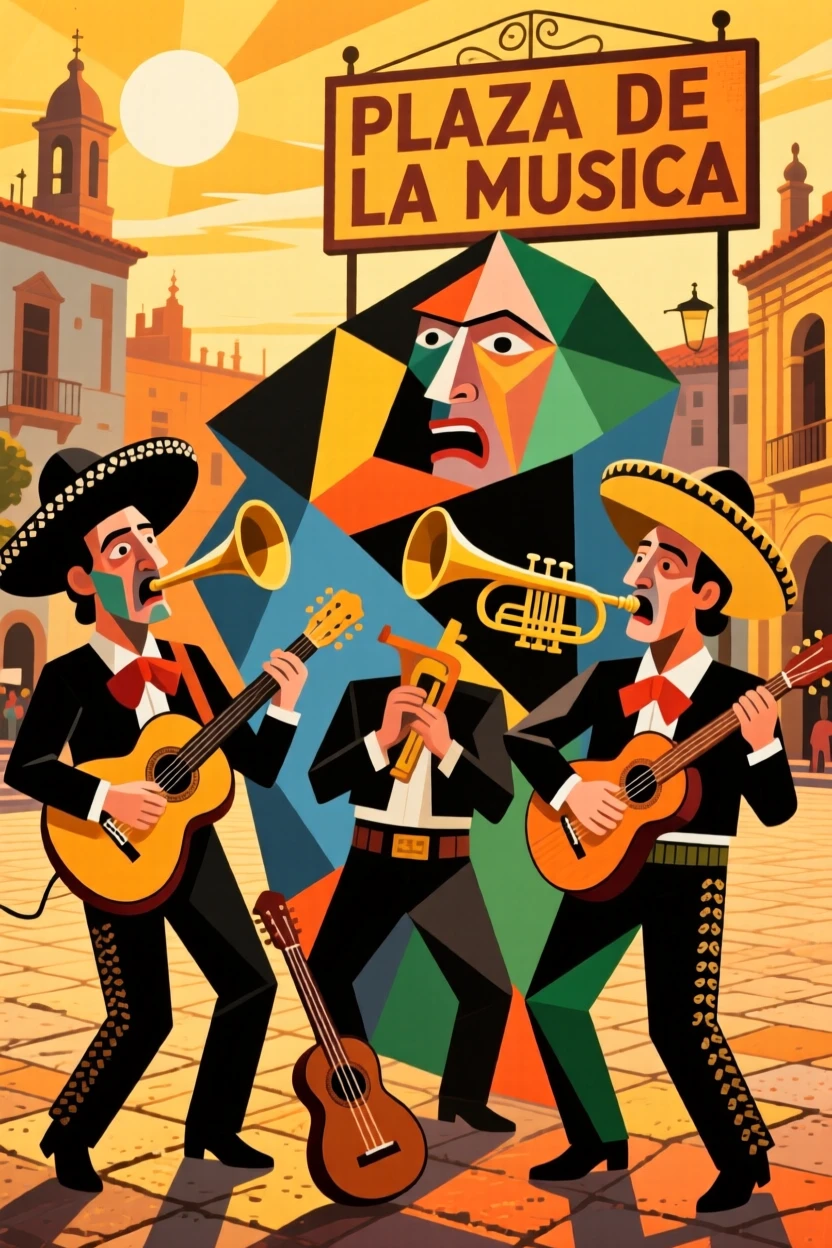 An energetic scene of a mariachi band performing in a plaza, captured at golden hour.