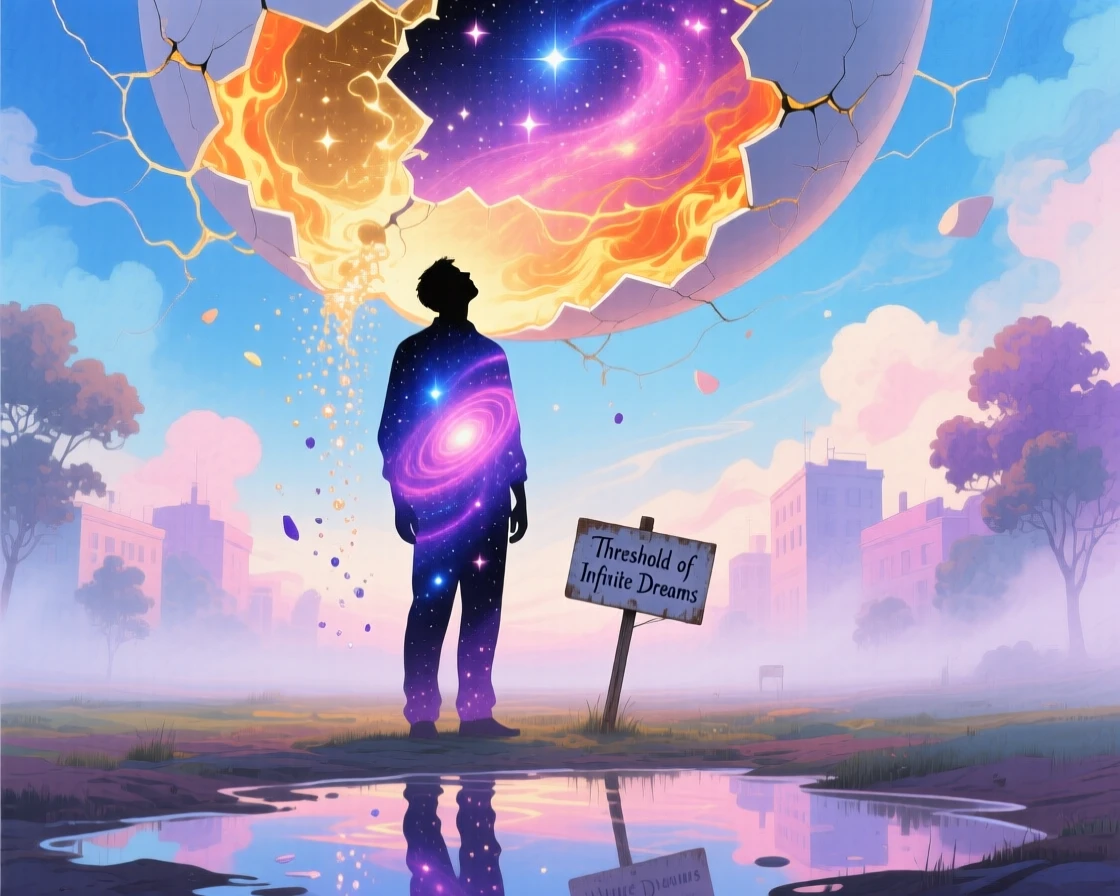 A man whose silhouette is filled with a swirling galaxy gazes upward at a sky splitting open like an eggshell, while the world around them fades into soft watercolor mist.