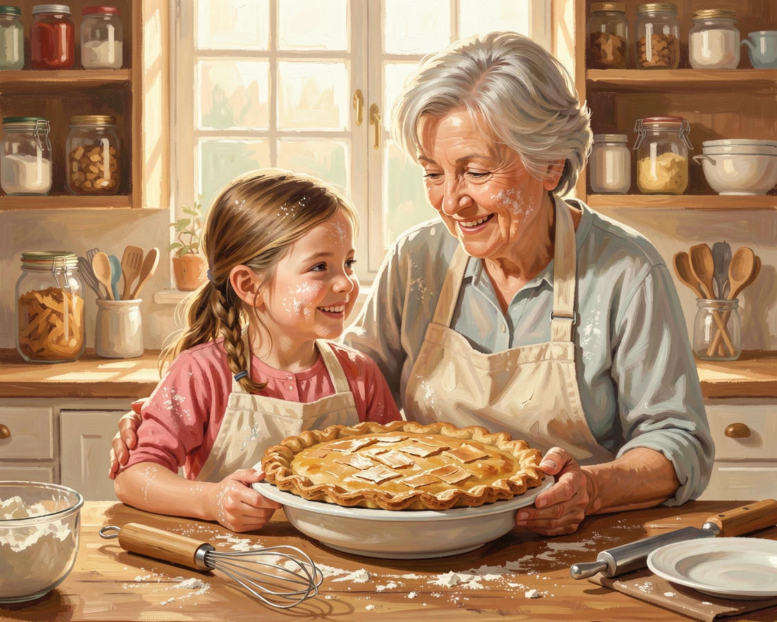 A grandmother and granddaughter bake a pie together, both dusted in flour and sharing a warm smile over the finished golden crust, a sense of genuine, unguarded emotion captured in the small details of their expression.