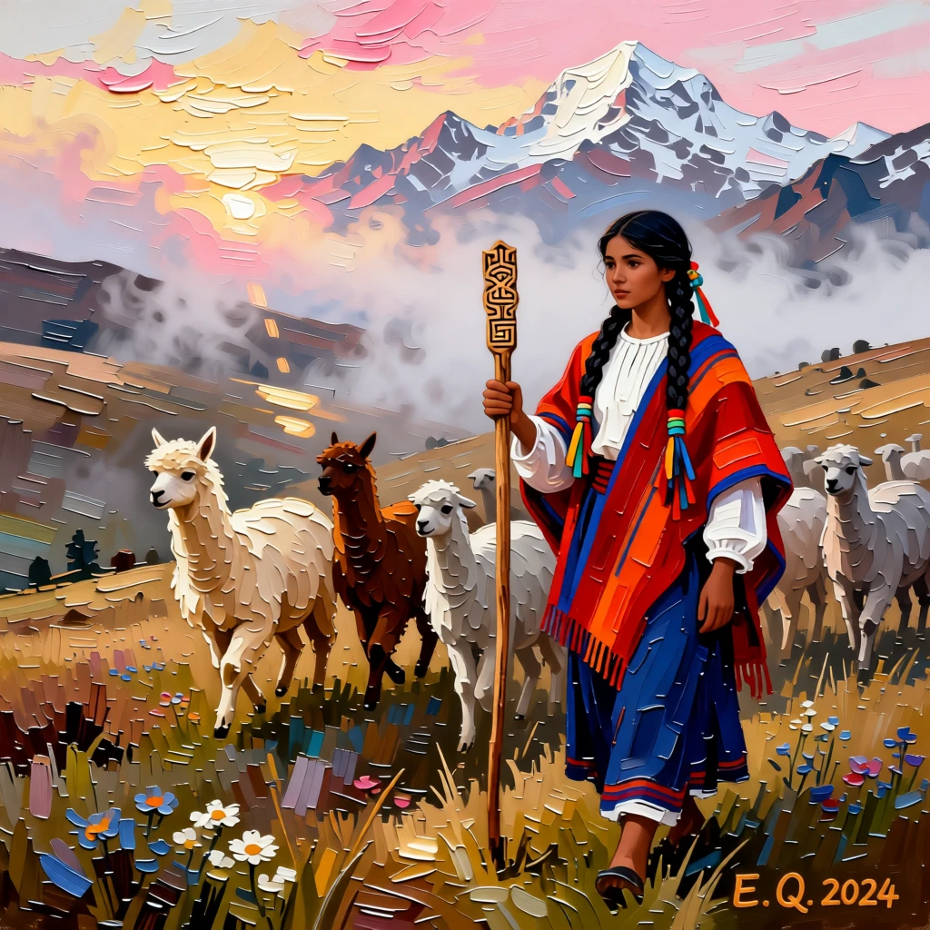 A lone shepherdess guiding her flock across a misty Andean highland at dawn