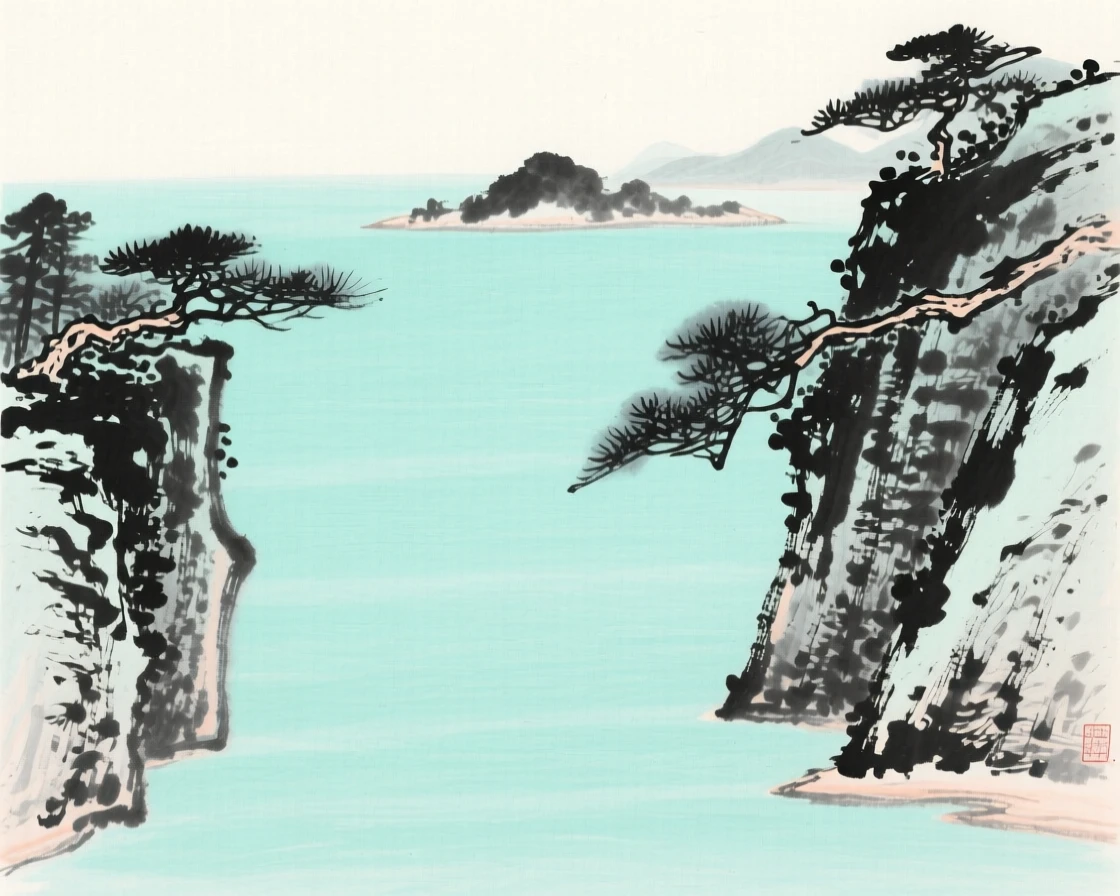 A quiet cove opens onto calm turquoise water framed by pine-covered cliffs, with distant islands rising faintly from the sea.