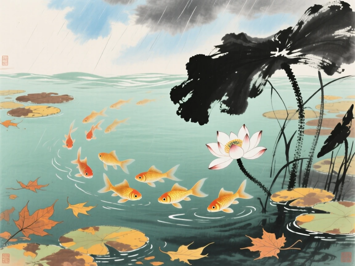 A school of goldfish gliding beneath floating water lilies, as autumn leaves turn golden, under clearing skies after a storm.