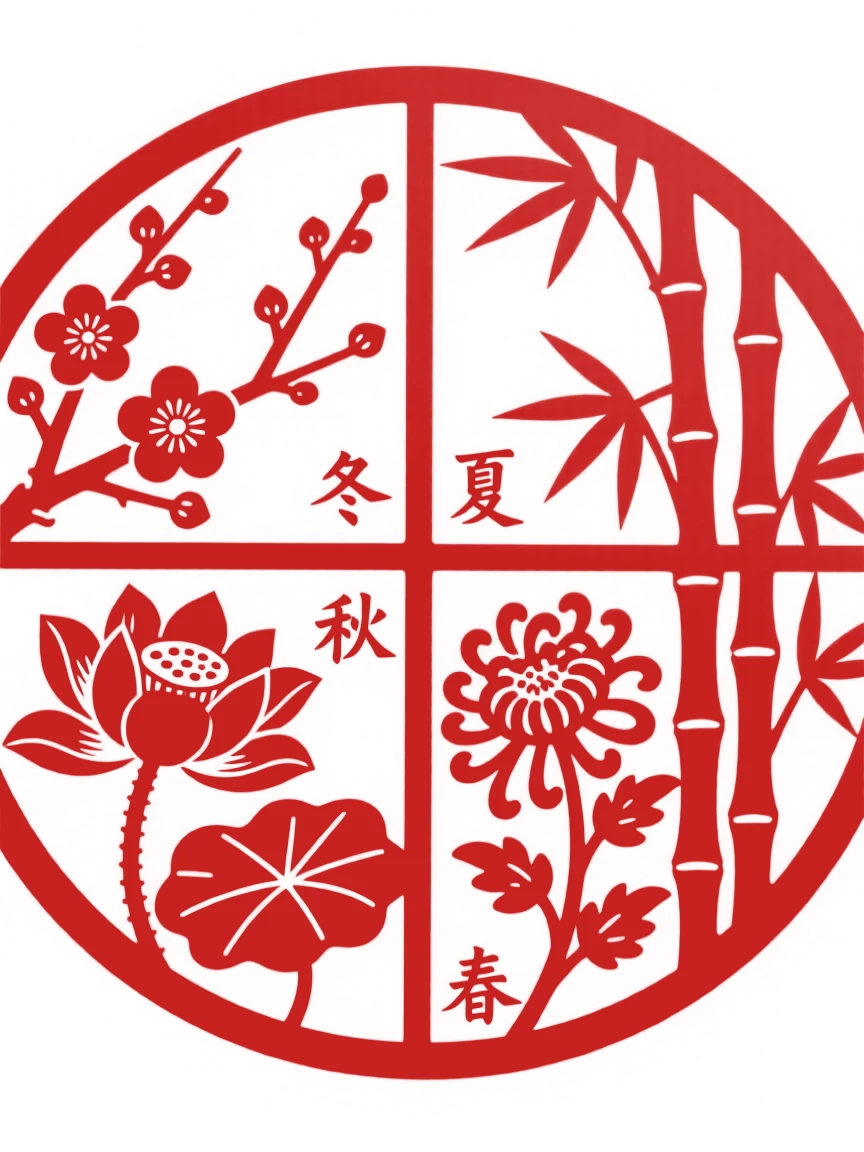 A circular design of four seasons represented by plum, lotus, chrysanthemum, and bamboo in quadrants