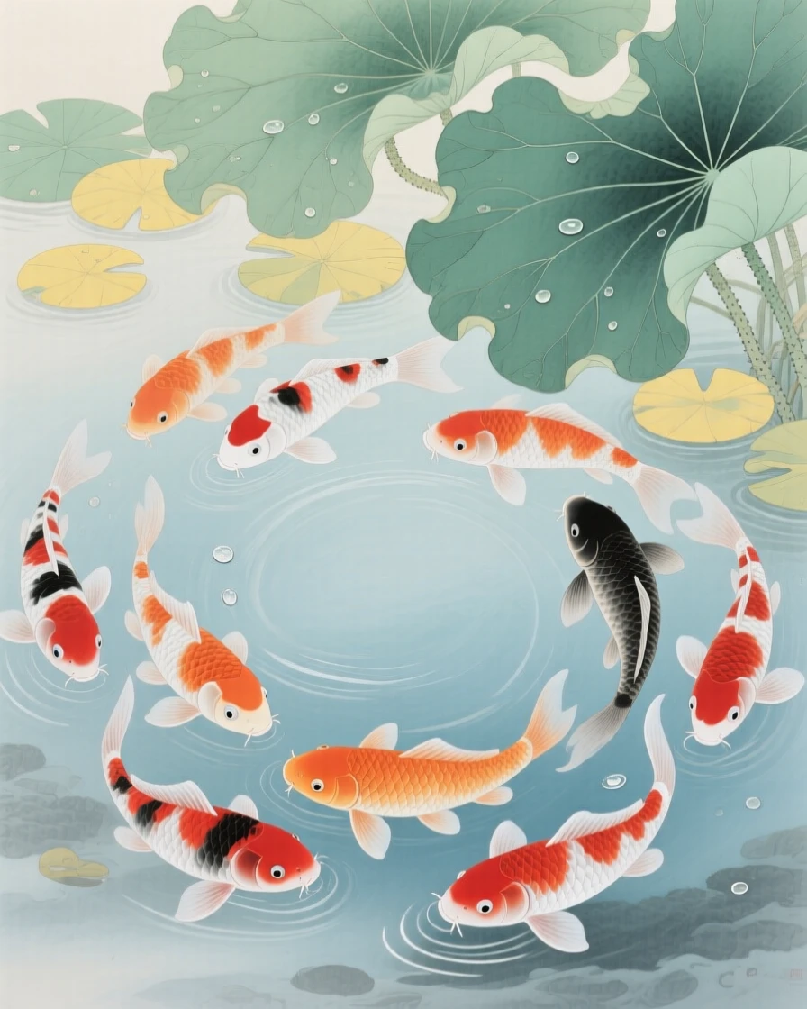 A school of koi fish swimming in circles beneath a canopy of floating lotus leaves