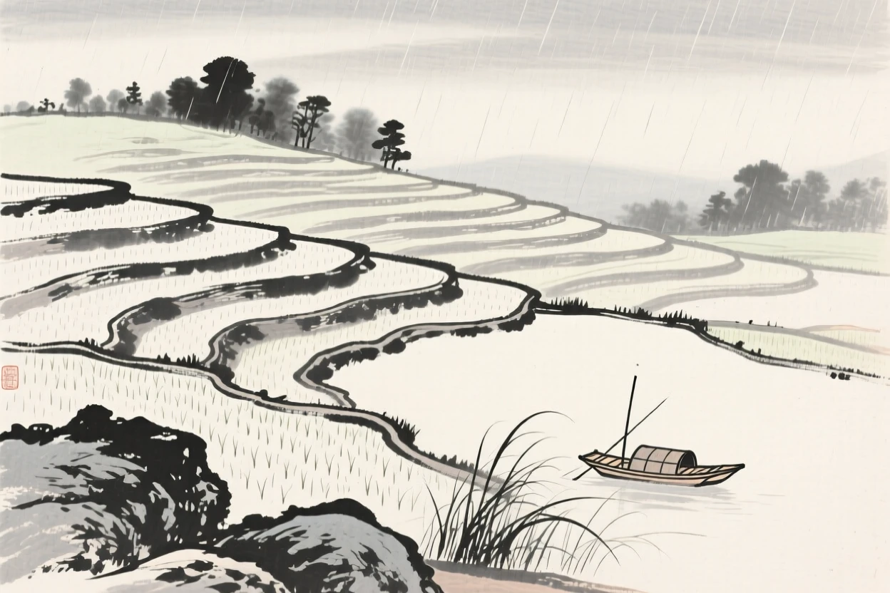 A field of rice terraces climbing a gentle hillside while a light rain blurs the distant tree line, framed low, with the foreground rocks leading the eye toward the distance, with a small fishing boat anchored near the reeds, suggesting the quiet vastness of the natural world.