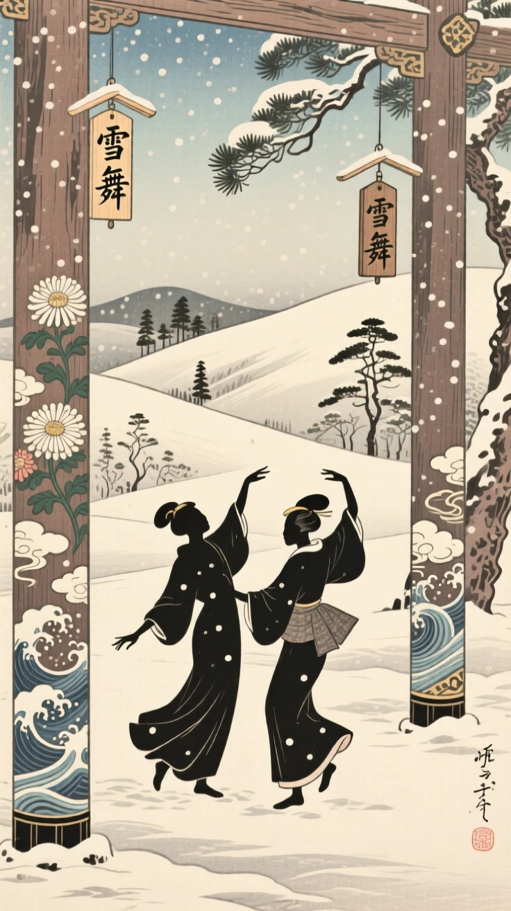 Two silhouettes dancing beneath falling snow, surrounded by carved wooden pillars.