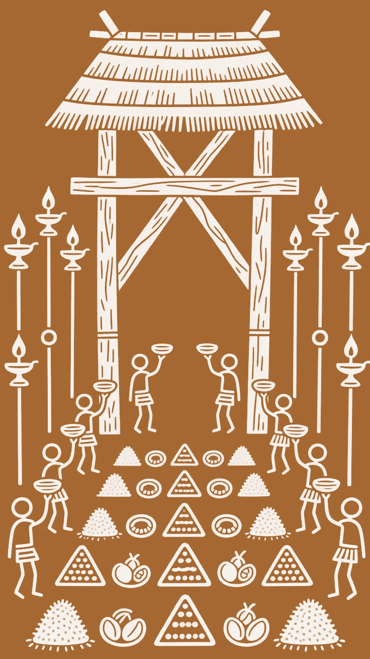 A composition centered on a ceremonial gateway framed by rows of lamps and offerings.