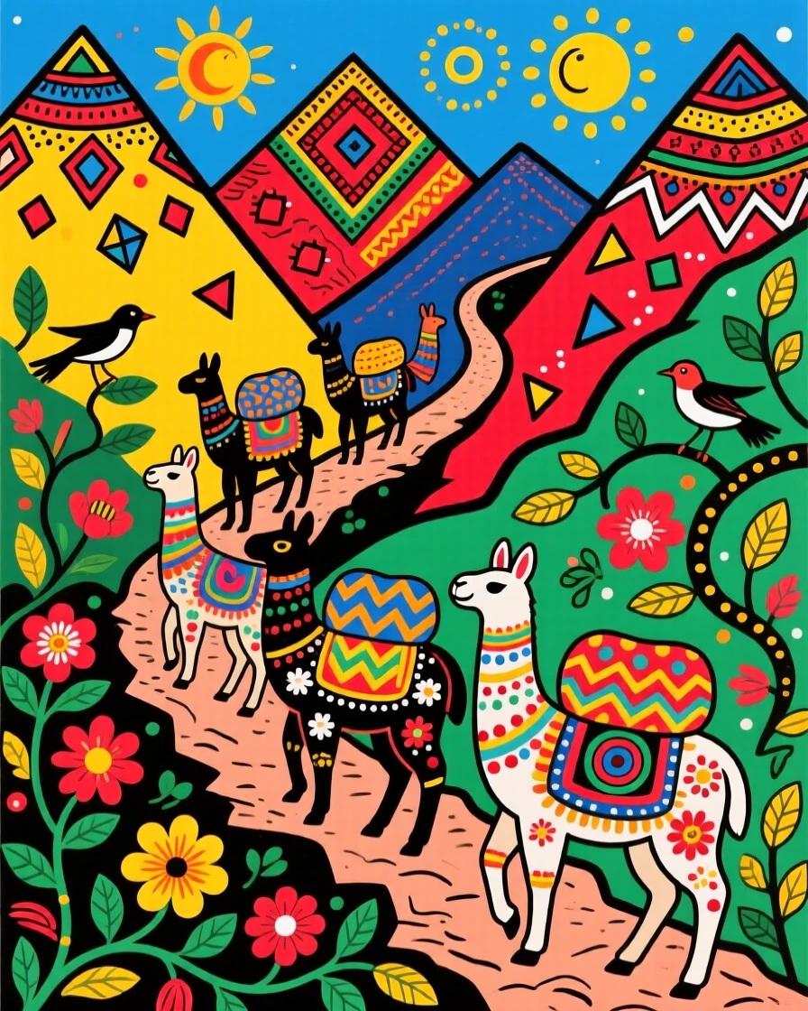 A llama caravan winding along a narrow mountain trail.