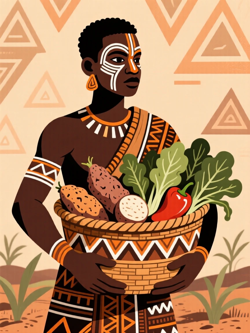 A strong young farmer holding a woven basket of fresh vegetables.