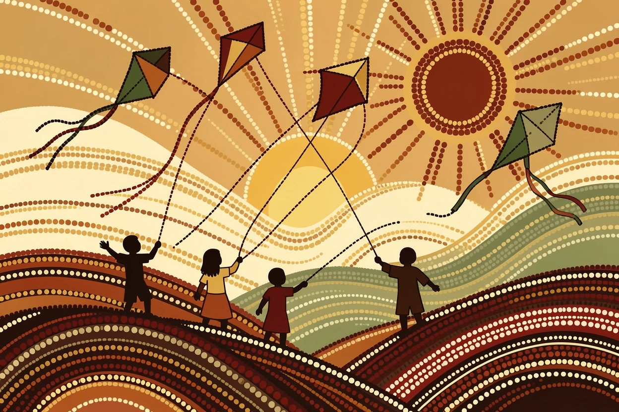 Children flying kites on a windy hillside at sunrise