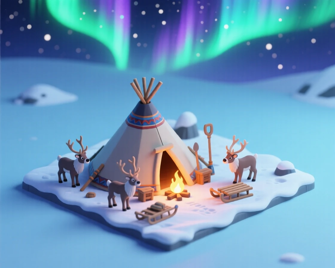 An ancient Sami reindeer herding camp in the snowy tundra, a fire glowing inside a lavvu tent under the northern lights.
