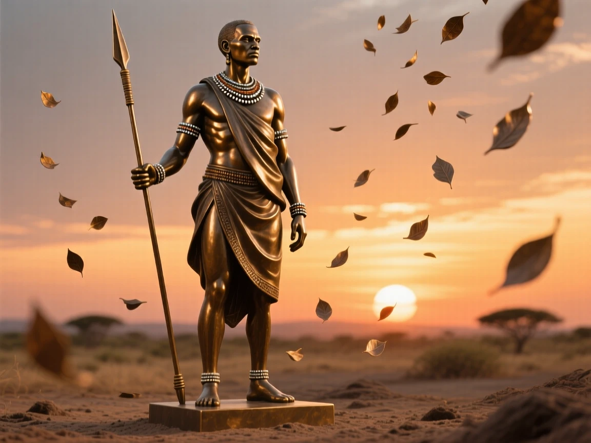 A maasai warrior standing tall against an african sunset, surrounded by falling petals or leaves, forming a strong central focal point