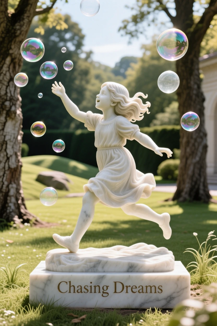 A beautifully composed image of a young girl chasing bubbles in a sunlit yard, framed by dramatic natural scenery, full of atmosphere and visual storytelling