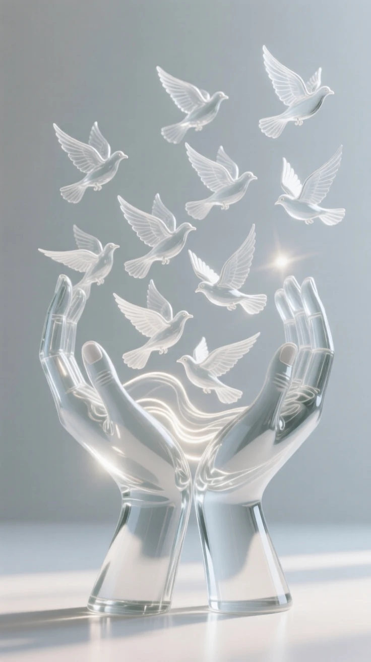 As light radiates outward in gentle waves, a pair of hands cupped together releasing a flock of doves