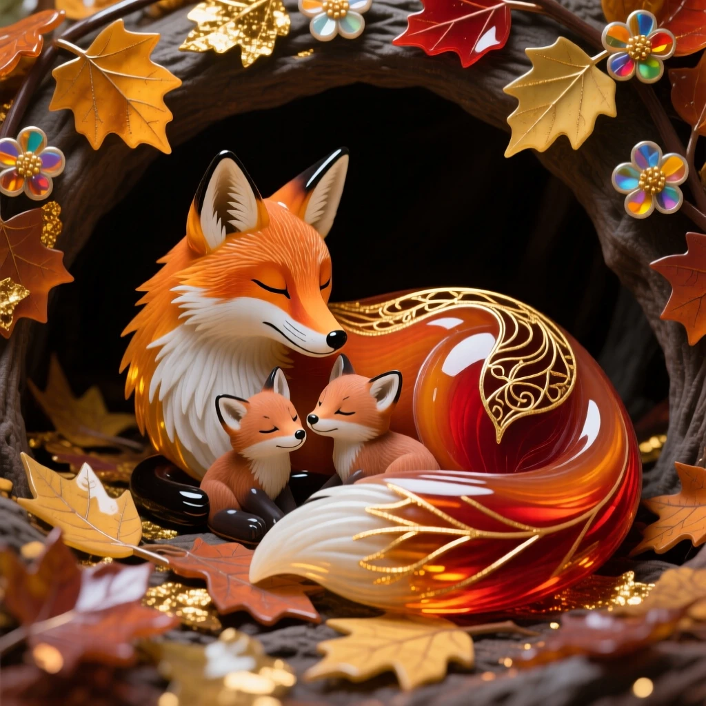 A mother fox and kits resting together in a den lined with the richest golden autumn leaves, tender and warm.