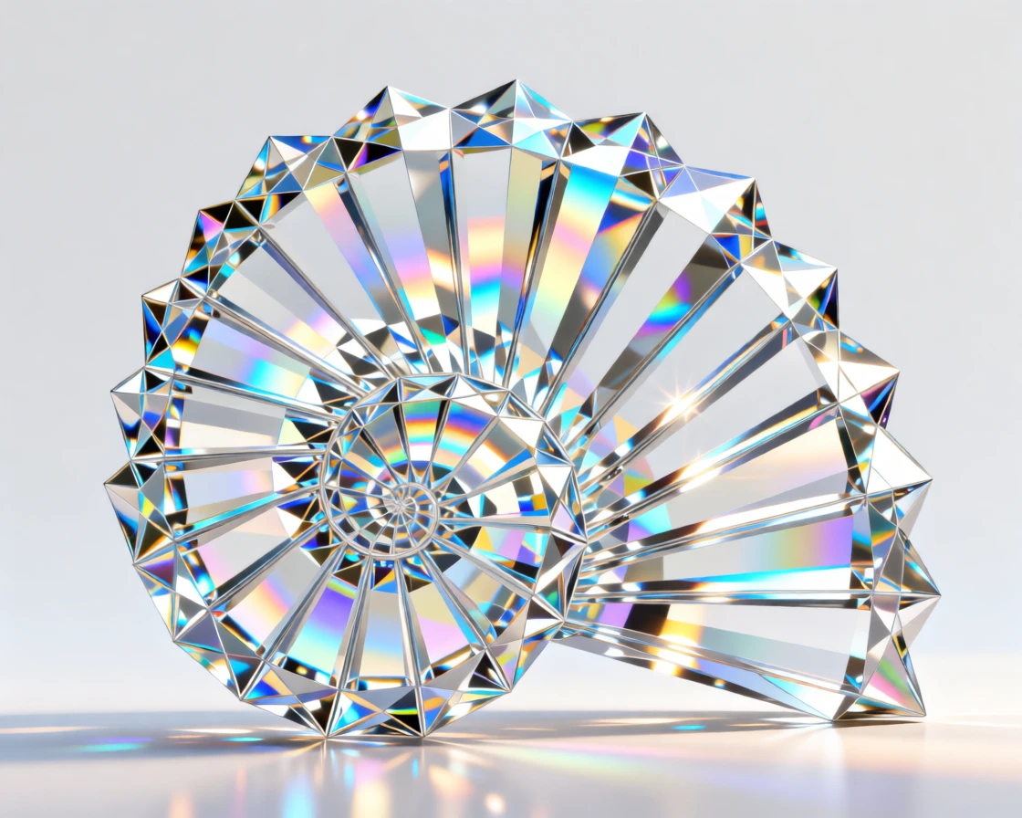An abstract composition of geometric prisms forming a glowing spiral seashell.