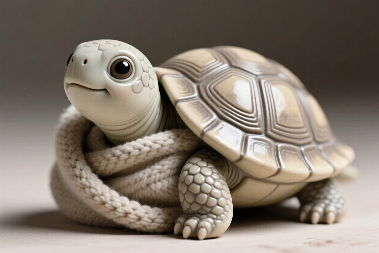 A tiny baby turtle poking its head from its shell captured in an irresistibly endearing pose, wrapped snugly in a soft cozy blanket, stirring an overwhelming urge to smile.