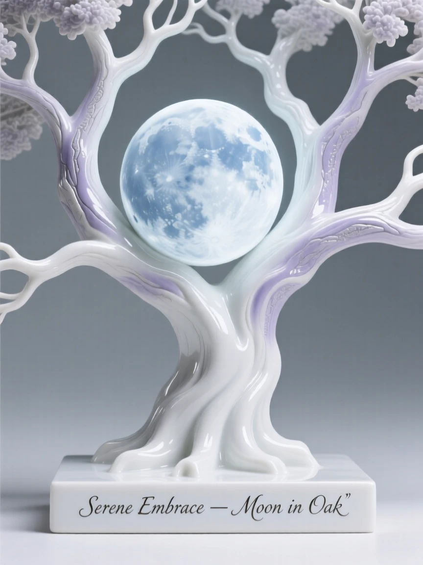 A surreal composition where the moon rests gently in the branches of an old oak tree, suspended in a moment of serene stillness.