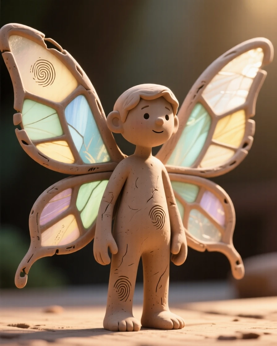 A pair of wings made of stained glass catching the morning sun