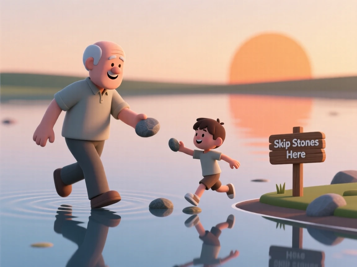 A cheerful grandfather teaches his grandson to skip stones across a still, glassy lake at sunset.