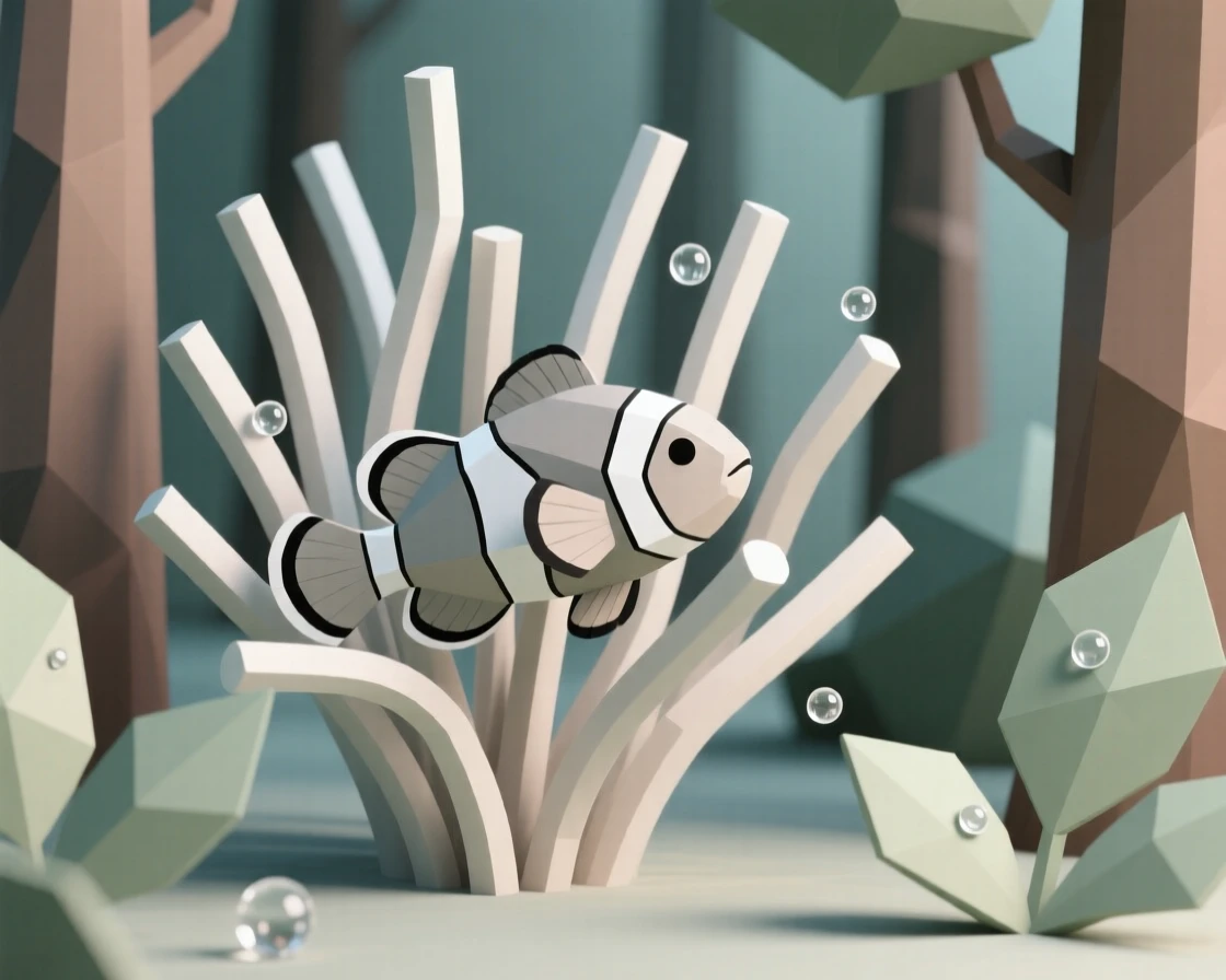 A clownfish weaving through anemone tendrils, in a quiet, dew-covered forest. soft natural light highlights every texture. It captures a fleeting moment of freedom.