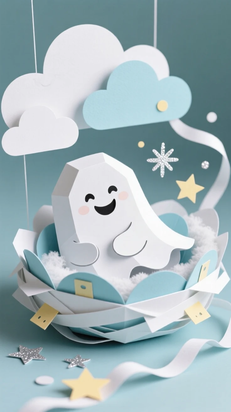 A friendly ghost with a big smile curled up in a nest made of soft clouds, with tiny sparkles trailing behind it, capturing pure adorable innocence.