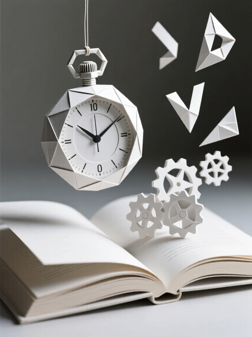 A pocket watch dangling above an open book, its gears spilling out as flying letters.