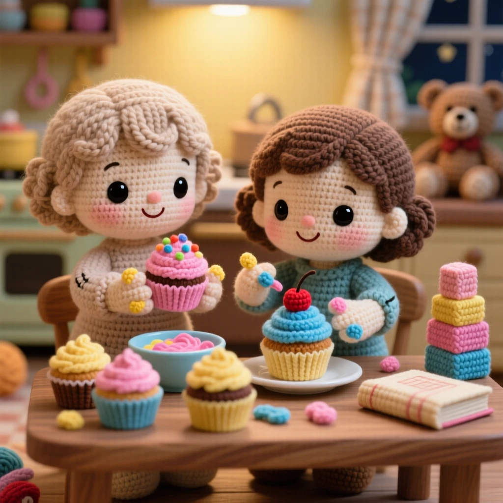 A heartwarming family moment: siblings decorating cupcakes together in the kitchen with frosting on their fingertips, comparing their colorful creations within a softly lit nursery at bedtime; a scattering of toys tidied nearby nearby, full of quiet tenderness between generations.