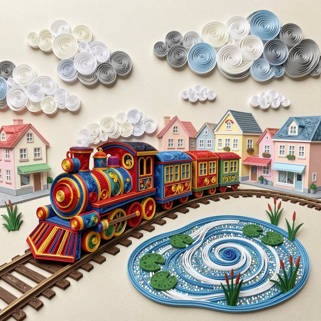 a train chugging along tracks through a toy town, beside a sparkling toy pond, arranged with a joyful sense of motion and energy, with soft fluffy clouds drifting by.
