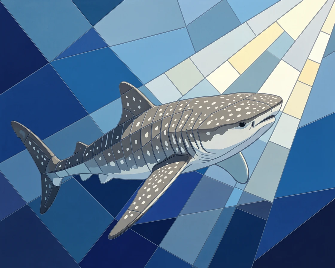 A graceful whale shark gliding through deep blue open water, illuminated by soft rays of sunlight filtering through water.