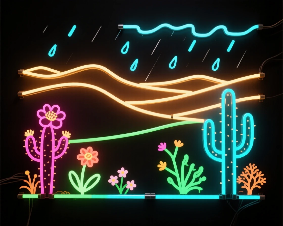 A desert landscape blooming briefly after a rare rainstorm.