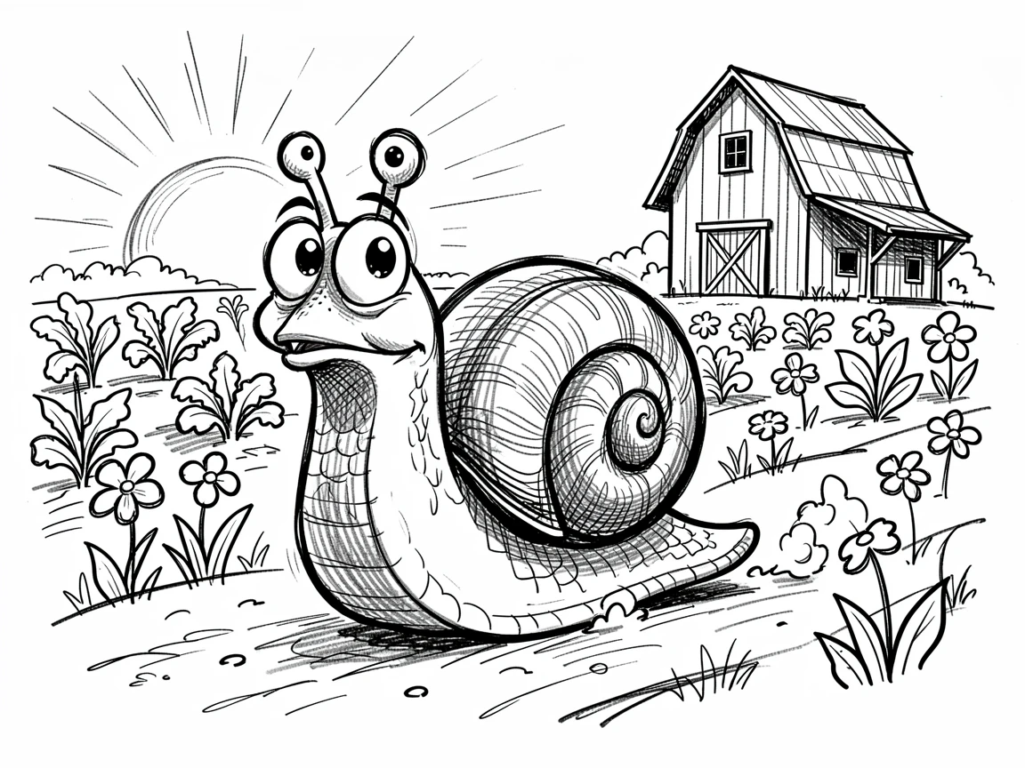 A snail racing confidently in a garden marathon on a farm at sunrise.