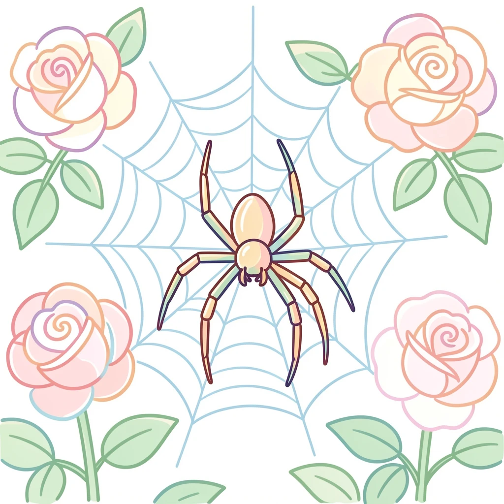 A close-up of a garden spider spinning a web between rose bushes.