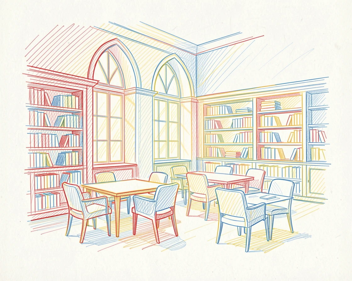 A quiet library reading room with tall arched windows and warm light