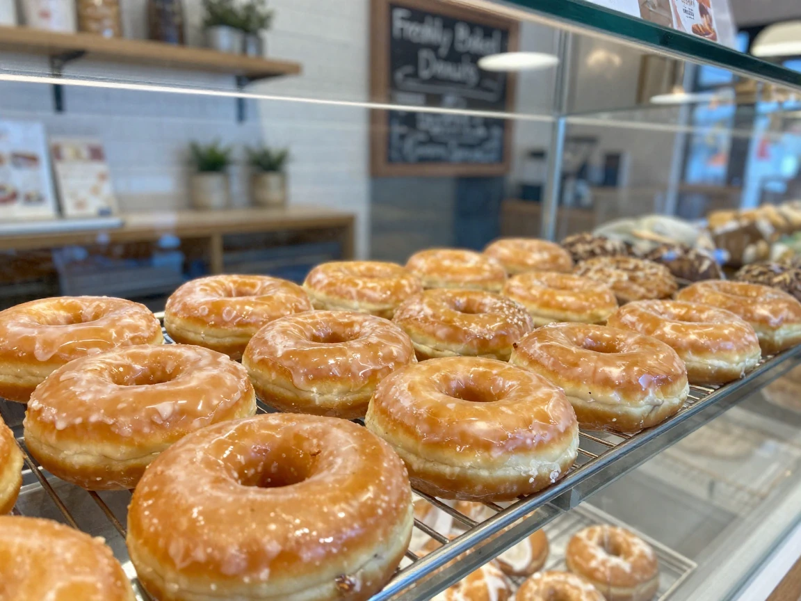 A bakery display case filled with glazed donuts