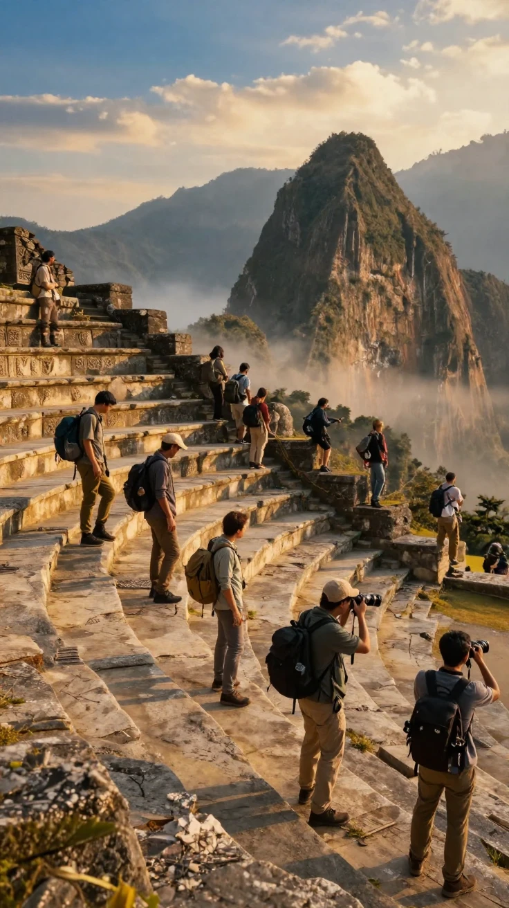 Travelers exploring an ancient amphitheater bathed in warm light high in the mountains of Southeast Asia