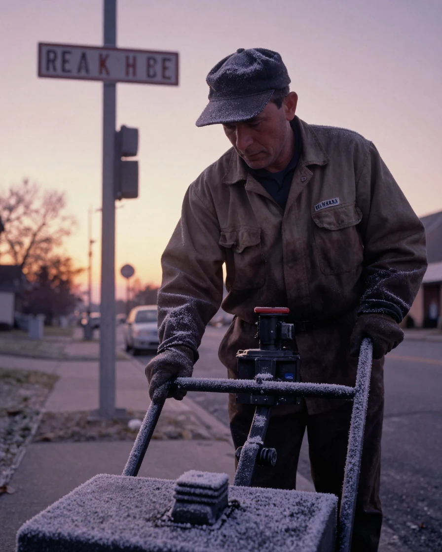 A street sweeper working alone in the quiet hours before dawn, under a glowing sunset sky, with frost coating every surface, in late autumn, in soft muted pastels, in a tight close-up.