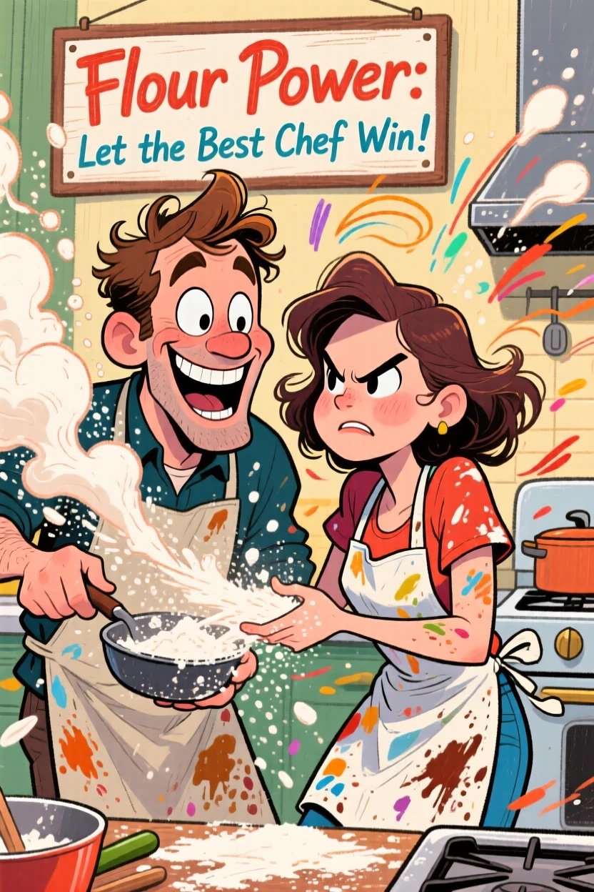 A couple doing a couples' cooking challenge, flour fight breaking out mid-recipe.