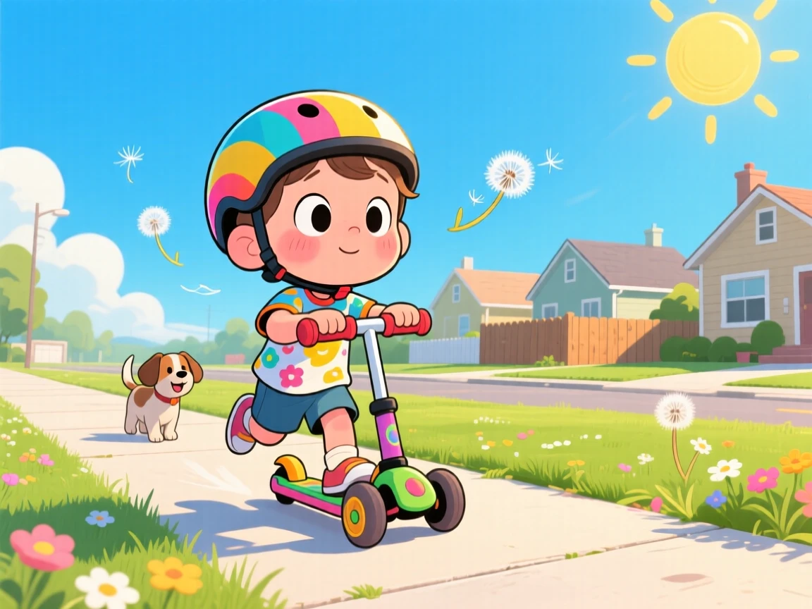 A playful childhood moment of a shy toddler racing scooters down a sunny sidewalk, under a bright and cloudless summer sky.