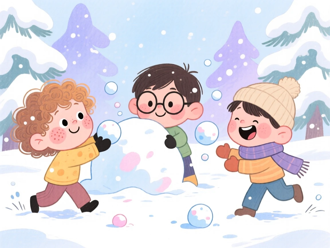 A heartwarming scene of kids having a snowball fight in a winter wonderland