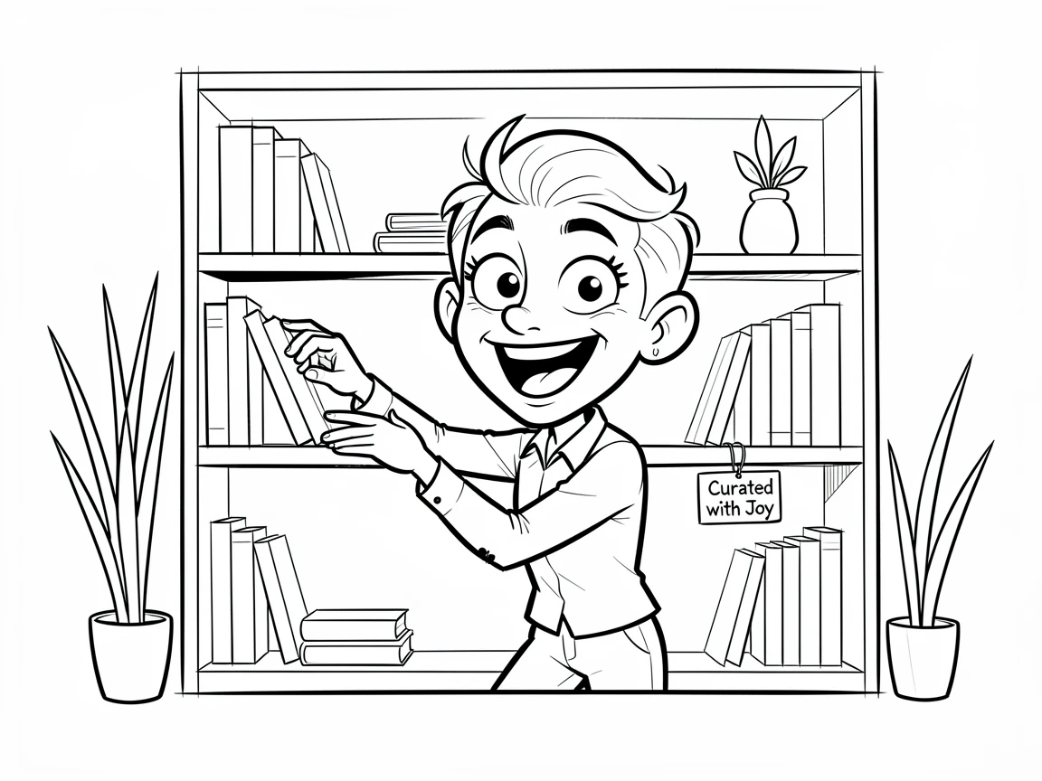 [Trending & Universal Topics] Modern lifestyle scene of an energetic minimalist designer curating a perfectly aesthetic bookshelf, capturing everyday joy