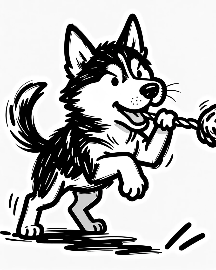 A husky puppy playing tug of war with a rope toy, back paws braced and determined.