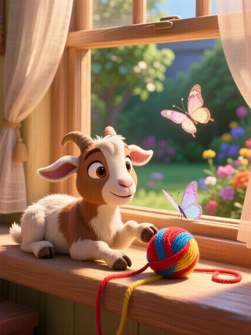 A small pygmy goat is resting on a windowsill in warm afternoon light, pawing gently at a ball of yarn. Innocent curiosity shines through the moment, with a small butterfly resting nearby.