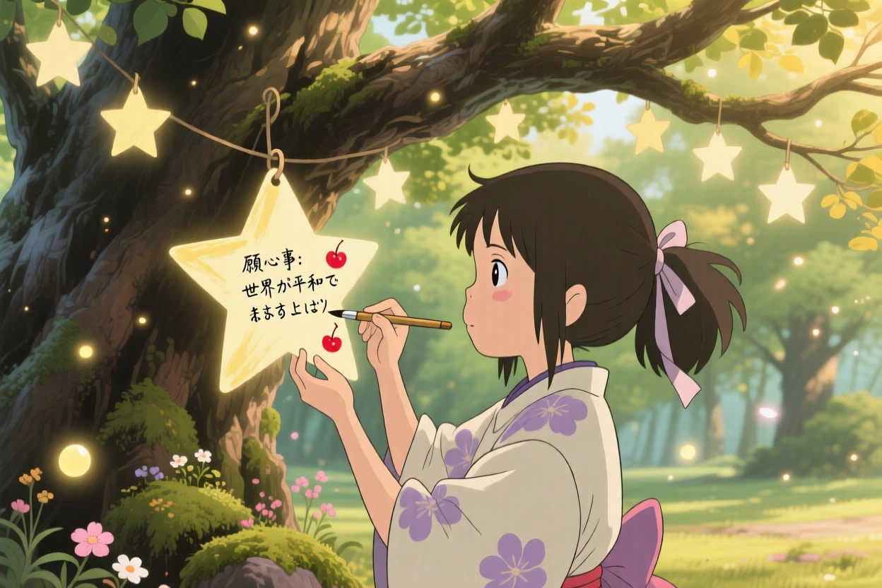 A tender moment of a girl writing a wish on a paper star before hanging it on a tree, the scene gently triumphant.